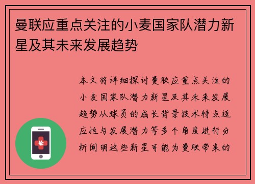 曼联应重点关注的小麦国家队潜力新星及其未来发展趋势