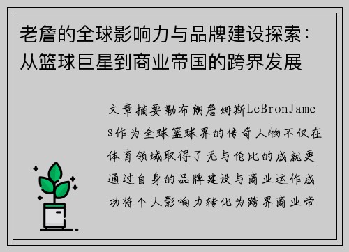 老詹的全球影响力与品牌建设探索：从篮球巨星到商业帝国的跨界发展