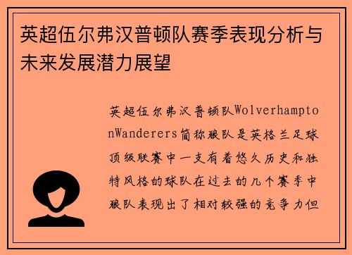 英超伍尔弗汉普顿队赛季表现分析与未来发展潜力展望
